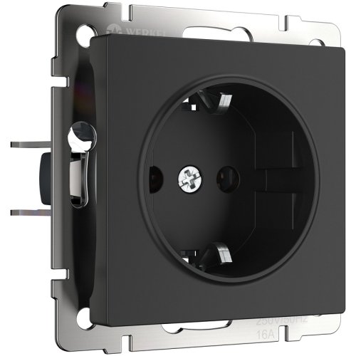 Розетка с заземлением без рамки Werkel 1-м. шторки черный матовый картинка